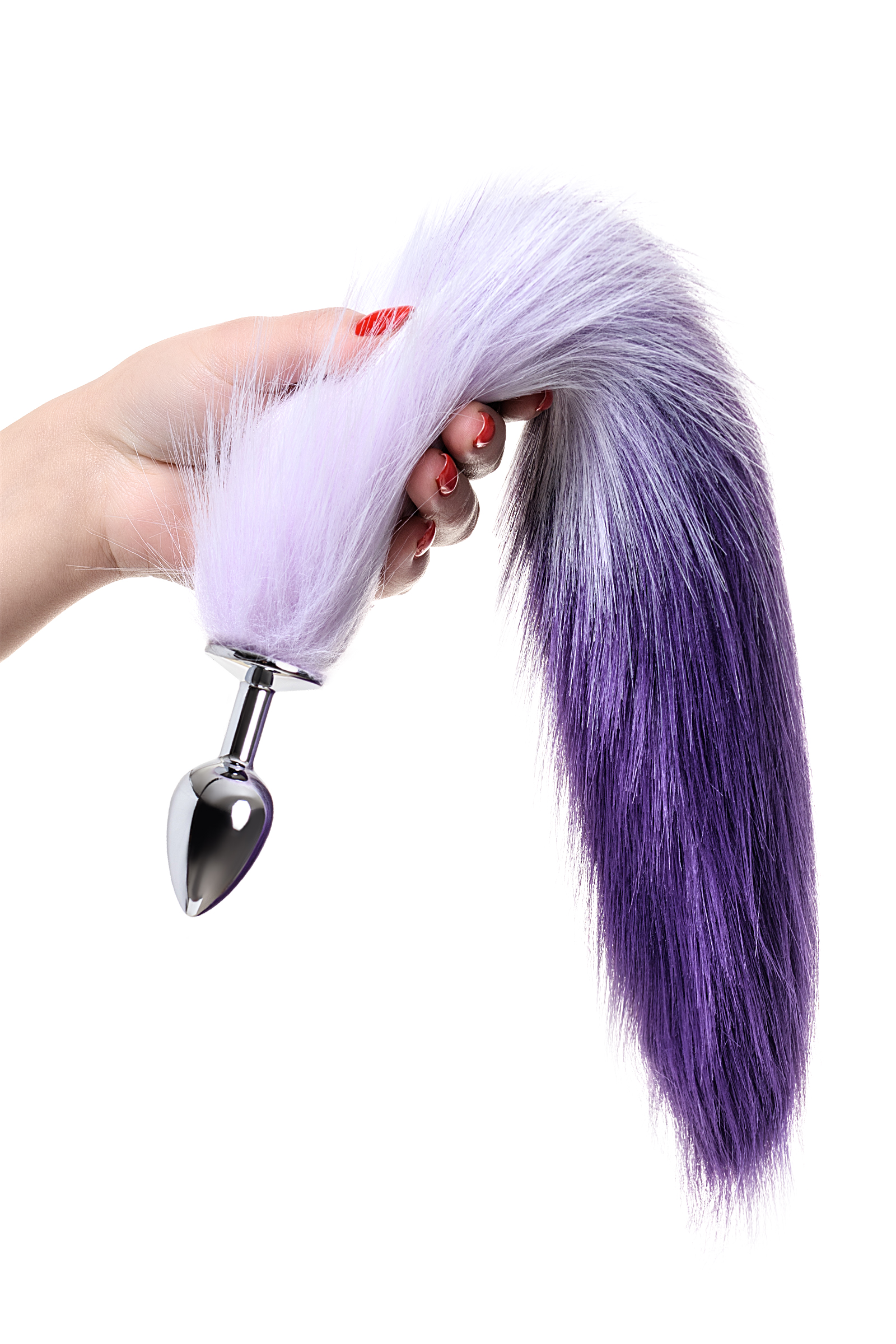 Анальная втулка Metal by TOYFA с бело-фиолетовым хвостом, металл, серебристый, 45 см, Ø 2,7 см