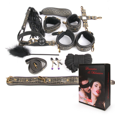 КОМПЛЕКТ (наручники, оковы, ошейник с поводком, верёвка, фиксатор, плётка, кляп, маска, зажимы для с