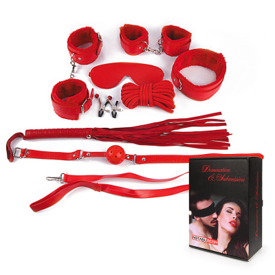 КОМПЛЕКТ (наручники, оковы, маска, кляп, плеть, ошейник с поводком, верёвка, зажимы для сосков) цвет