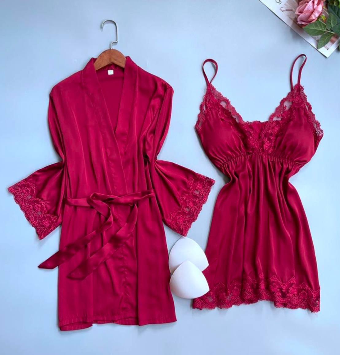 Комплект сорочка и халат бордовый, размер L