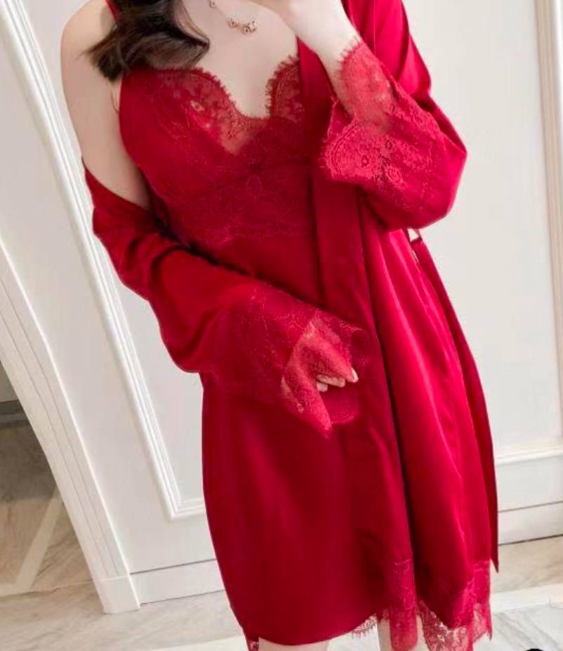 Комплект сорочка и халат бордовый, размер L