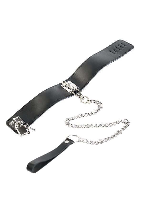 Ошейник кожаный с поводком черный