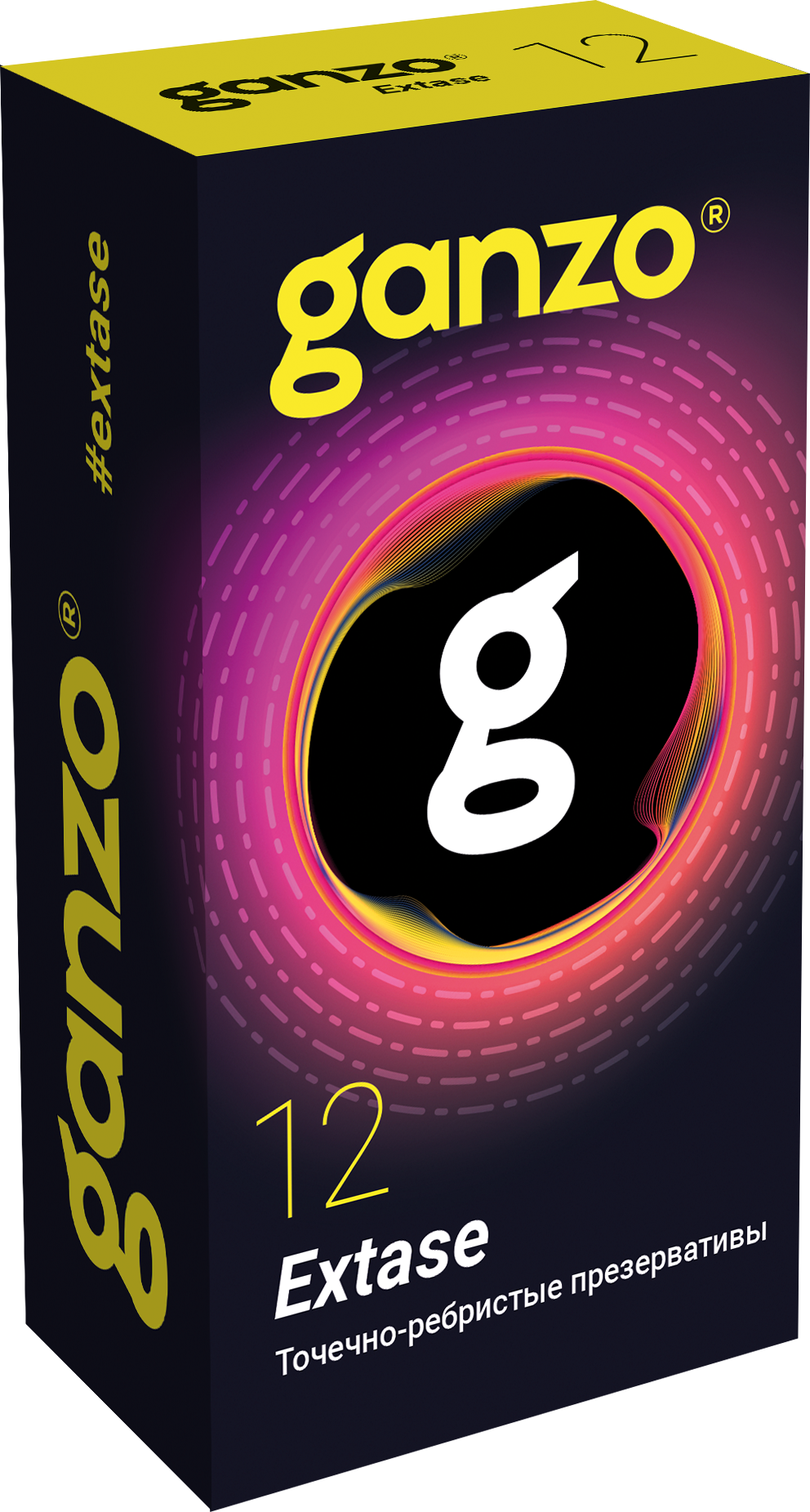 Презервативы Ganzo Extase, с точечно-ребристые, анатомической формы, латекс, 18см, 12шт